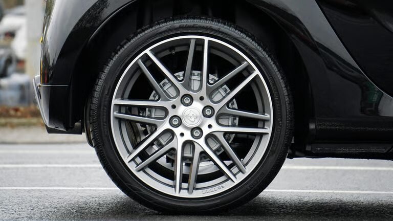 Close-up of an alloy wheel and tire